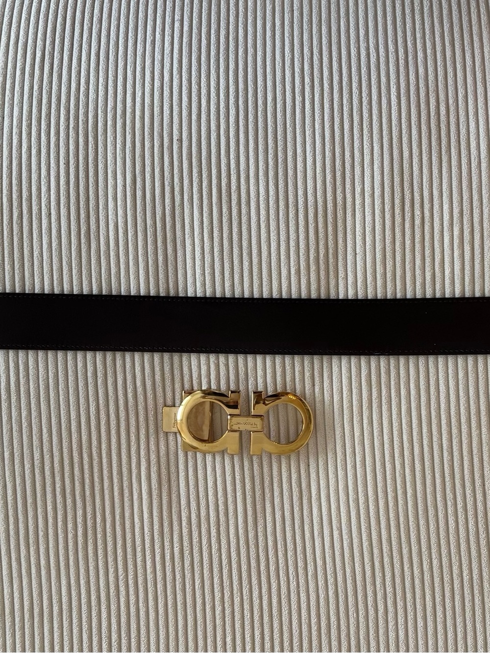 Salvatore Ferragamo Cream and Black Gancini Belt with Gold Hardware